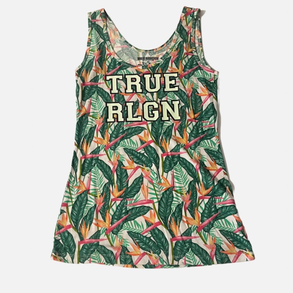 True Religion Tropical Print White Pink Green Tank Women’s Size Small